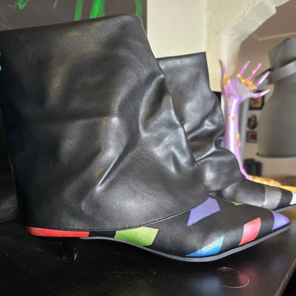 HANDCRAFTED Upcycled Abstract Ankle Boots HANDPAINTED Kitten Heel Slouch Booties